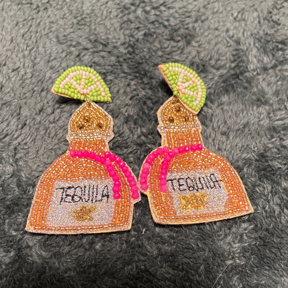 Beaded Tequila Bottle Earrings - Orange and Pink